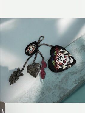 Ed Hardy Black, Red, White Skull Heart Multi-Charm Keychain